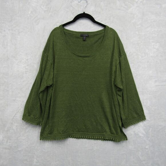 J.Crew Linen Sweater Top XL Round Neck Green 3/4 Sleeve Pullover Crochet Border - Picture 1 of 8